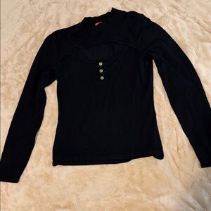 Guess Black Long Sleeve Tee with Button Detail